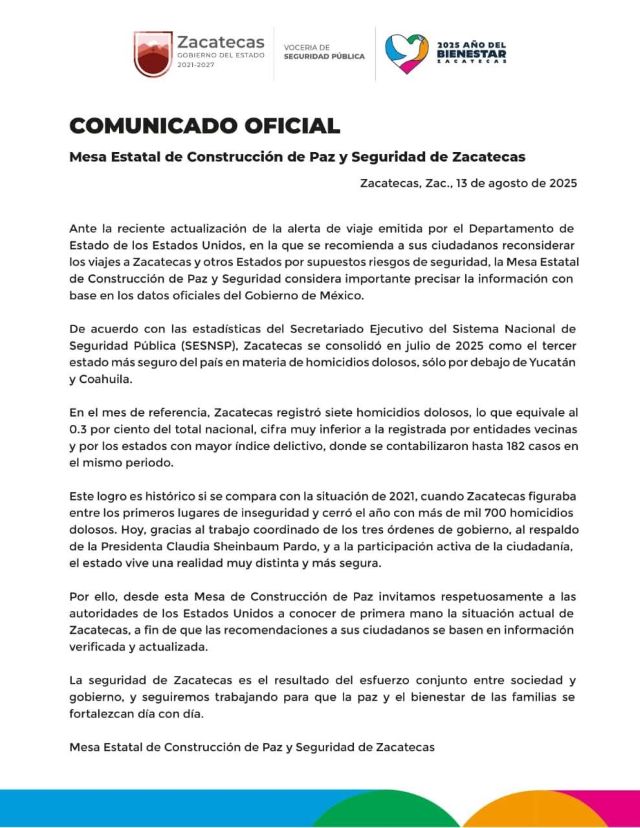 Postura emitida por integrantes de la Mesa Estatal de Construcción de Paz comunidado emitido