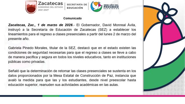 Comunicado oficial previo a este lunes 2 de marzo presenciales lunes